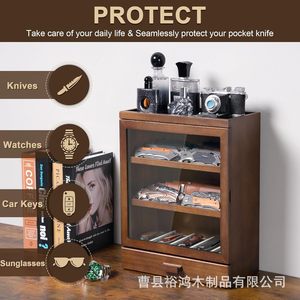 Boîte de rangement pour couteaux en bois massif avec tiroirs, présentoir transparent, boîte de rangement multifonctionnelle pour montres et clés, pour bureau - Product Image 2