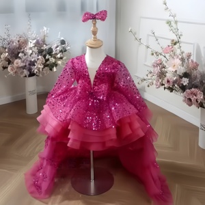 Abito <span class=keywords><strong>da</strong></span> <span class=keywords><strong>Principessa</strong></span> per Bambine in Tulle Rosa con Paillettes, Gonna con Strascico e Fiocco Decorativo per Feste ed Eventi Formali - Product Image 6