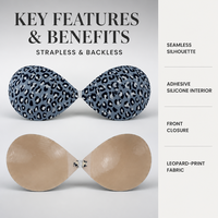 Soutien-gorge adhésif sans bretelles à imprimé léopard bleu-gris, bonnets A B C D, pour occasions formelles, vente en gros, boîte cadeau OEM