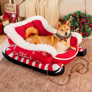 Feestelijk Pluche Gezellig Kerst Hondenbed Vakantie Rode Slee Dierenbed Voor Honden En Katten Met Wasbare En Zeer Duurzame Hoes - Product Image 1