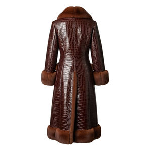 <b>Brown</b> Genuine Leather Shearling Coat <b>for</b> <b>Women</b> Croc Embossed Fur Trim Maxi Double Breasted Shawl Collar - Product Image 3
