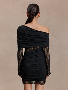 Nouvelle robe sexy à épaules asymétriques et manches longues avec empiècements en dentelle pour femme, taille cintrée, effet amincissant et jupe moulante aux hanches - Product Image 6