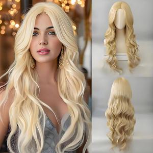 Peluca de cabello largo rubio claro para <span class=keywords><strong>mujer</strong></span>, estilo coreano, con flequillo y ondas grandes, hecha a máquina, de Bozhen, la más vendida en <span class=keywords><strong>AliExpress</strong></span>. - Product Image 1