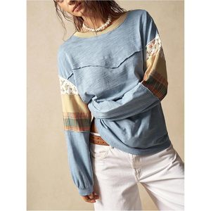 Camiseta de punto suave para mujer, estilo bohemio floral, manga larga, con parches, cuello redondo, ajuste holgado, informal, para todas las estaciones - Product Image 4