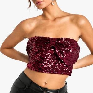 Nouveau design – Crop top bandeau à sequins avec détail nœud – Top bustier sexy bordeaux pour femme - Product Image 1