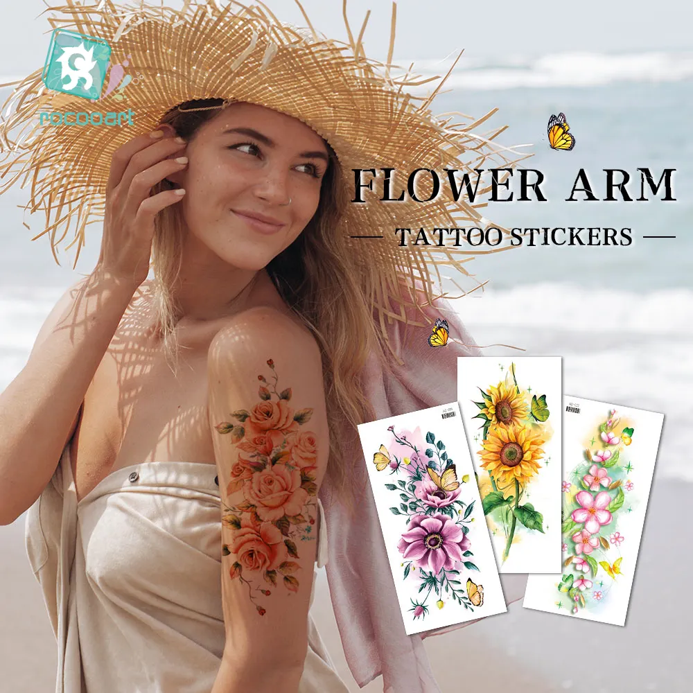 Waterproof Bright Flora Tattoo Stickers for Girls, Rose,Peach Blossom Tattoo Flower Temporary Fake Tattoos For Women