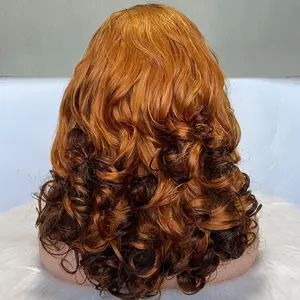 Nieuwe Stijl Fumi Hair Bouncy Curl Sdd Ombre Menselijk Haar Pruiken Pretokkelde Cuticula Uitgelijnd Braziliaanse Highlight Color Lace Front Pruiken