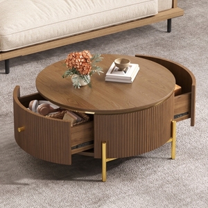 Modern <b>Round</b> Coffee <b>Table</b> with 2 Large Drawers Storage Eco-Friendly Durable Brown 31.5" Living Room Furniture - Product Image 3