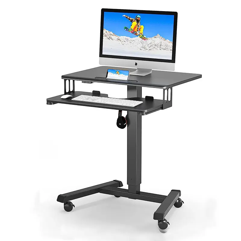 Office Mobile ยืนโต๊ะคอมพิวเตอร์ปรับความสูงได้นั่งยืนขาตั้งแล็ปท็อปพร้อมถาดแป้นพิมพ์และล้อ