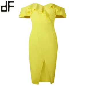 oem custom modest women high quality elegant evening dress sexy new dress solid yellow cold shoulder sexy mini party dress