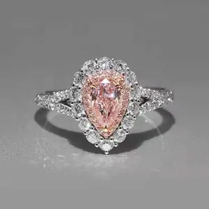 Joyería personalizada para mujer, anillo de boda con forma de lágrima incrustada de diamante de imitación rosa