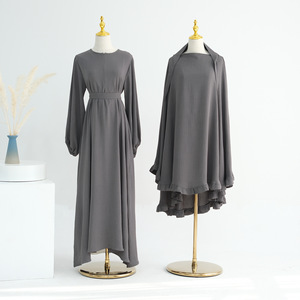 Pure Colors Winkle Fabric Ruffled Border Khimar Matching with Same Color Abaya Dress Sets for Ramada Prayer