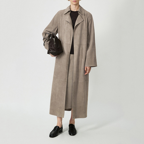 5221 Latest Women Fashion Clothes Double Sided Leather Suede  Drape Over the Knee Long Waistband Bathrobe Windbreaker Coat