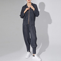 Ensemble de survêtement Miyake Solid Ankle Hoodie pour femme, ensemble décontracté deux pièces avec pantalon plissé et veste zippée, respectueux de l'environnement