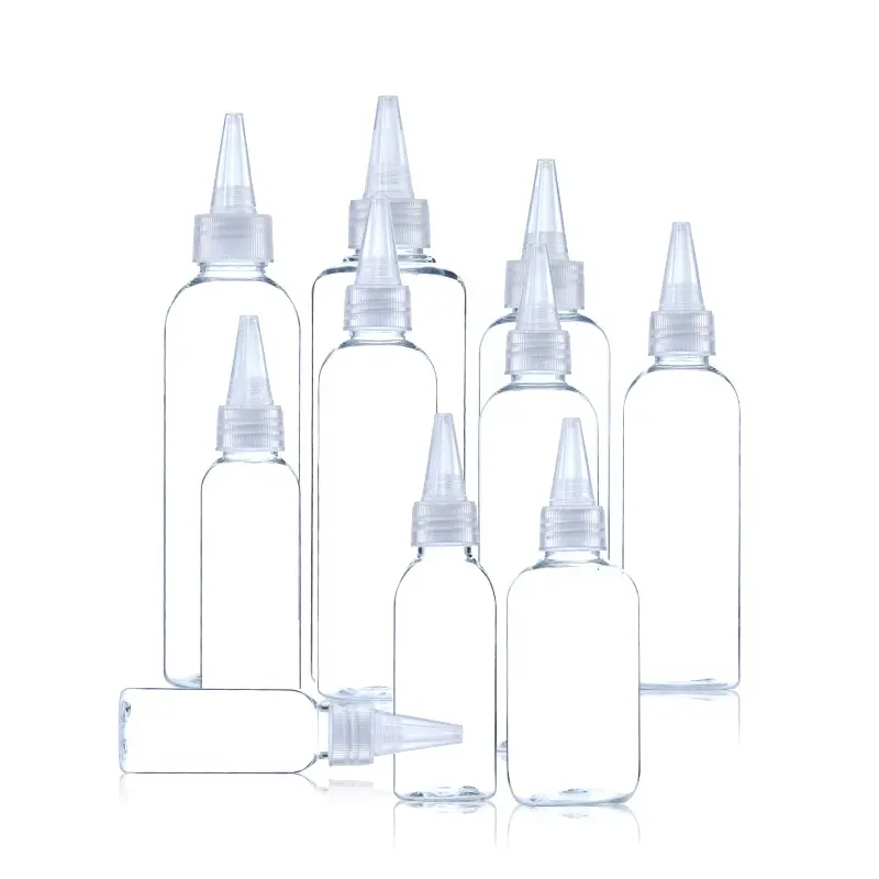 Fabricant de bouteilles d'huile capillaire de haute qualité, bouchon transparent torsadé bouteille de colle liquide d'encre