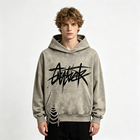 Hoodie Pria Sun Faded Graffiti Tag, Distressed Ripped Pocket, Katun Tebal, Pullover Acid Wash, Streetwear, Grosir