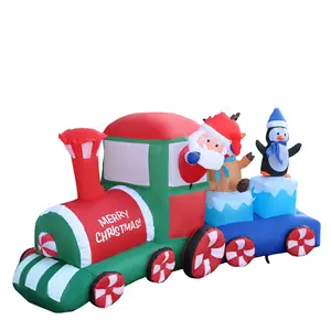 8ft Inflatable Christmas Train Ornament Holiday Yard Decorations Train with Santa Claus Penguins and Elk for Festive Display