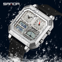 SANDA 6210 Jam Tangan Elektronik Pria Fashion Stainless Steel Persegi 2024 Gerakan Ganda Tahan Air Suhu Cerdas