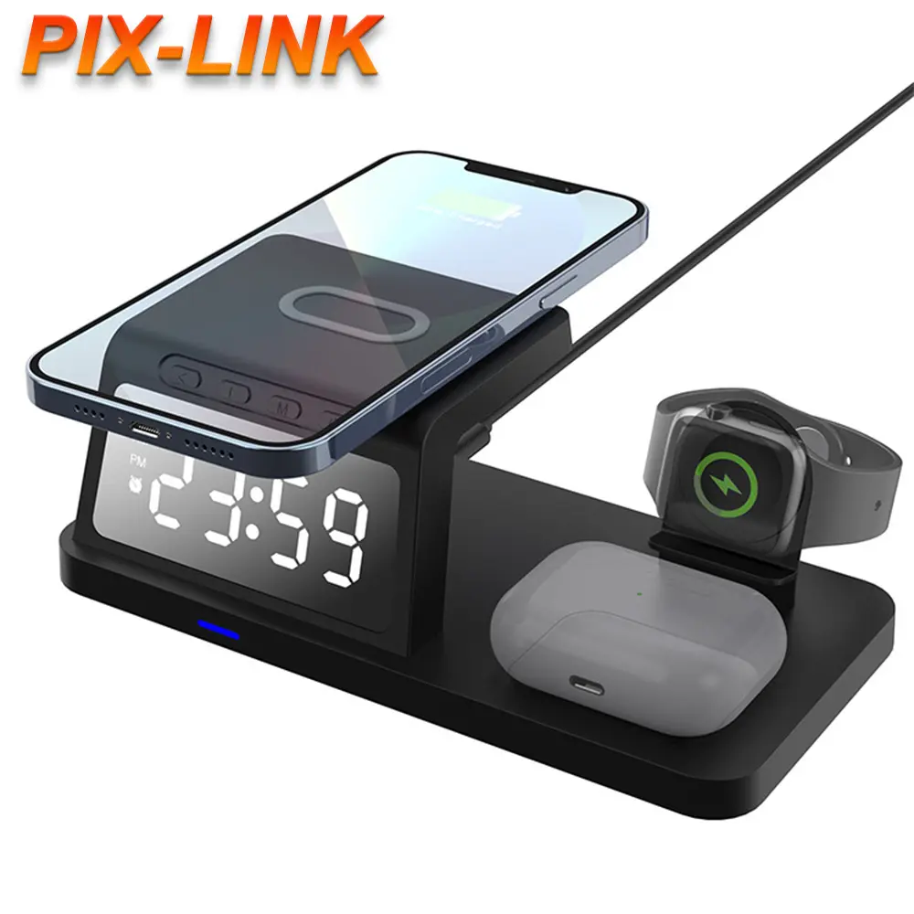 PIX-LINK 15W New Innovative Product Wireless Charger Clock LED Desktop Digital Alarm Clock Customized Package TYPE-C Mobile Phone Types