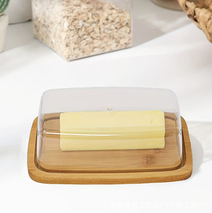 <span class=keywords><strong>Plat</strong></span> à beurre en bambou de style moderne avec couvercle - Contenant de rangement transparent pour fromage, pain, gâteau pour la fraîcheur - Product Image 4