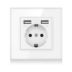 Crystal tempered glass panel German EU standard wall power socket with dual USB port