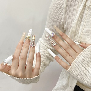 Ongles faits main extra longs carrés, design papillon en cristal AB de luxe, strass français blanc laiteux, pour fête nuptiale glamour - Product Image 4