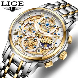 LIGE 8973, relojes de cuarzo para hombre, diseño hueco a la moda, multifunción, de acero inoxidable, luminoso, resistente al agua, reloj de tiempo para hombre