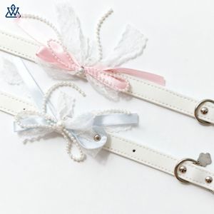 Collar para mascotas con lazo y encaje de perlas, ajustable para gatos, perros de raza pequeña, estilo elegante, color azul claro, rosa, color sólido - Product Image 3