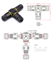 Connecteur de câble électrique étanche IP68 en forme de T, 3 voies, 2 broches, en nylon PA66 et alliage de cuivre, 24A/400V