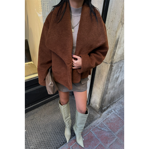 Abrigo Corto de Lana Color Tabaco, Cálido y Casual para Otoño, Manga Larga, Ropa Exterior para Mujer - Product Image 4