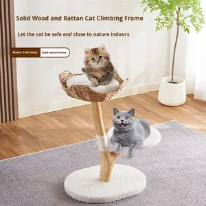 Modern Eco-friendly Large Solid Wood <strong>Cat</strong> <strong>Tree</strong> Tower with Integrated <strong>Scratching</strong> Post Climbing Features 60cm Tall for Living Room - Product Image 5