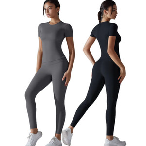 Conjunto de Yoga de 2 Piezas para Mujer, Top de Manga Corta, Leggings de Cintura Alta, Color Sólido, Ropa Deportiva sin Costuras, Traje de Gimnasio y Fitness - Product Image 1