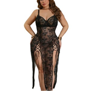 Ensemble de lingerie longue d'été <span class=keywords><strong>grande</strong></span> <span class=keywords><strong>taille</strong></span> pour <span class=keywords><strong>femme</strong></span>, <span class=keywords><strong>nuisette</strong></span> sexy en dentelle et maille à col en V, babydoll, chemise de nuit fendue sur le côté - Product Image 5