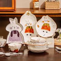 Service de table en porcelaine écologique fait main, motif lapin de dessin animé, comprenant un bol à riz et assiette à collation, pour le petit-déjeuner et les repas, en stock