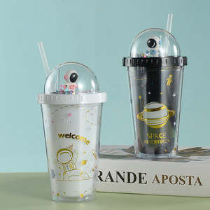Astronaut Planet Cup Double Wall Plastic Straw Cup With Doll Cartoon Design Travel Water Bottle Two Piece Set - Product Image 1