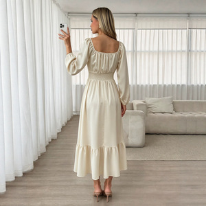 <span class=keywords><strong>Vestido</strong></span> de verano para mujer, nuevo estilo, cuello <span class=keywords><strong>cuadrado</strong></span>, <span class=keywords><strong>manga</strong></span> larga con mangas abullonadas, diseño con lazo en la cintura, efecto adelgazante y volantes. - Product Image 2