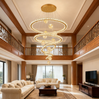 JACKSUN-Lustre en Cristal Moderne Rond à Haut Plafond de Luxe Suspendu, Lustre à Grand Anneau d'Hôtel