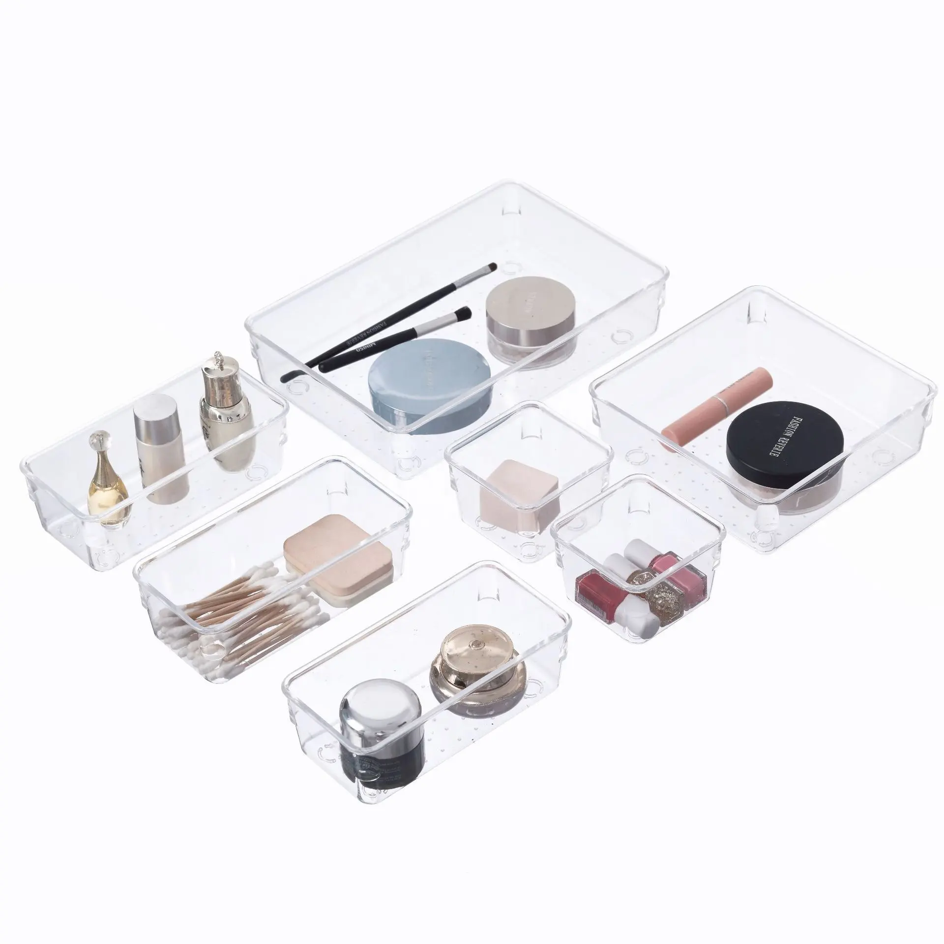 Organisateur de tiroir de plateau de rangement de tiroir de bureau transparent avec coussinets en silicone ensemble d'organisateur de tiroir en plastique transparent