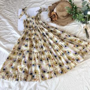 Robe <span class=keywords><strong>Fille</strong></span> en Coton Tissé à Imprimé Floral Bohème Numérique, Sans Manches, Bretelles à Nouer, Ourlet Volanté Étages, Coupe Trapèze, Respirante - Product Image 2