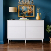 Commode blanche de style mid-century à 6 tiroirs, commode à pieds en bois, grand meuble de rangement pour vêtements de chambre