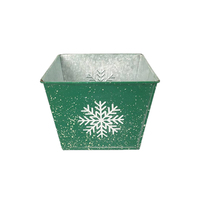 Jardinière carrée en métal galvanisé de Noël, pot à fleurs en étain gaufré flocon de neige vert, décoration de table pour la maison et les fêtes