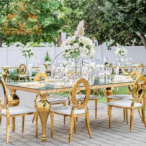 Meubles rectangulaires de mariage au design <span class=keywords><strong>simple</strong></span> Table à manger stable en métal doré pour événement 10 places et chaise - Product Image 1