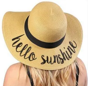 Sombrero de paja para mujer con estampado de letras Hello Sunshine MOQ bajo logotipo personalizado Cinta Negra sombrero de paja de playa decorativo