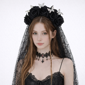 Serre-tête Voile Papillon Noir Rose Gothique avec Strass pour Femme, Accessoire Cheveux Halloween Fille, Coiffe Fée Sombre en Soie - Product Image 1