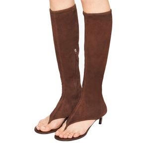 Bottes mi-hautes en daim à talons courts pour femme, collection été 2023, à bout fermé, talon bas, fermeture éclair latérale, bottines longues, chaussures personnalisées - Product Image 1