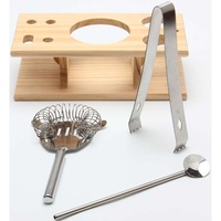 Ensemble de shaker à cocktails en acier inoxydable avec support en bois de bambou, 3 pièces, outils de bar Cobbler, doseur, passoire, couteau, kit de barman