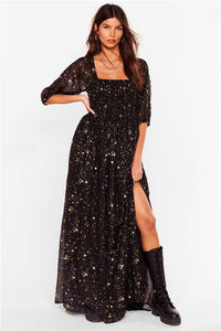 2023 Ladies Black <strong>Star</strong> Print Mesh Square Collar Puff Sleeves Smocked Long Slit Maxi <strong>Dress</strong> for Party - Product Image 2
