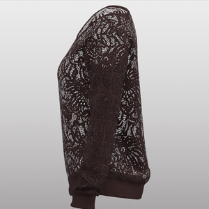 เสื้อแขนยาวถักลายฉลุสีน้ำตาลเข้มสำหรับผู้หญิงพร้อมแขนเสื้อแบบพับได้ สวมใส่สบายๆ ในชีวิตประจำวัน - Product Image 5