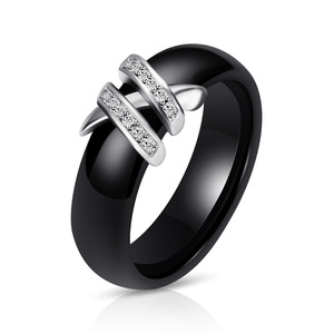 Bague en céramique noire et blanche 6 mm avec incrustation de diamants double X pavé, bijoux de mariage géométriques - Product Image 5