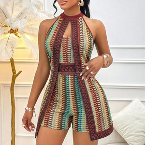 Custom OEM Women Geometric Print Halter <strong>Jumpsuit</strong> Sexy Cutout Mock Two Piece Romper Western Boho Clubwear Playsuit Shorts - Product Image 1